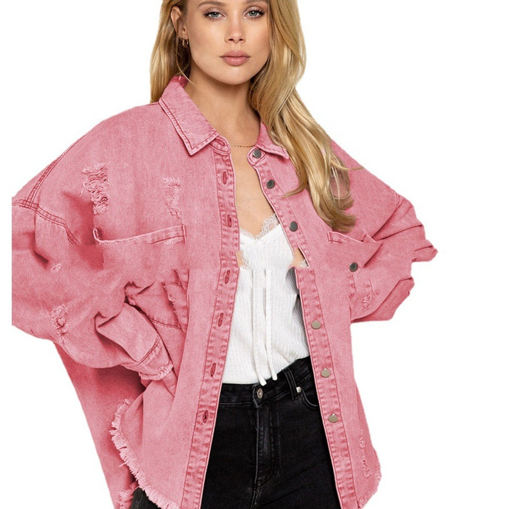 Mid-length Raw Hem Ripped Denim Coat