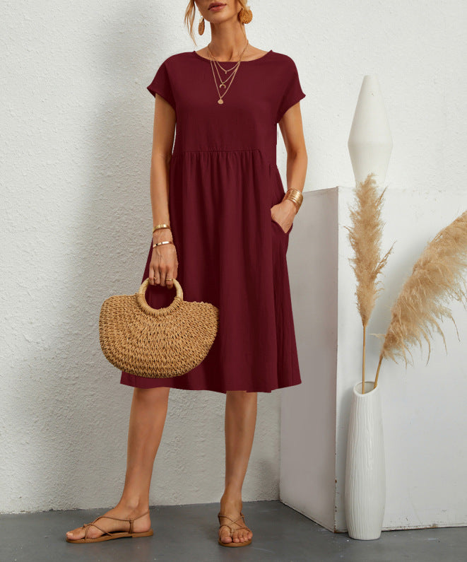 🔥Summer Hot Sale🔥 Elegant Cotton Round neck pocket cotton dress – Effortless Style