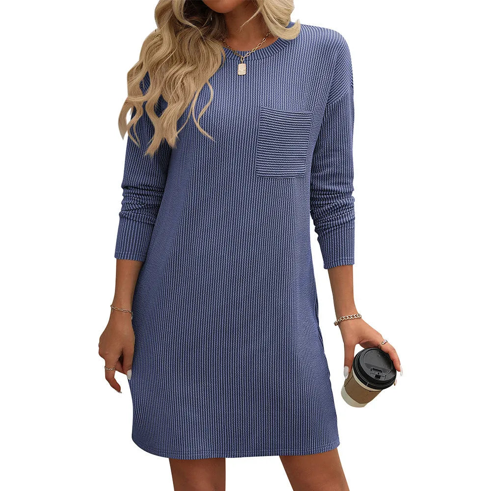 Striped With Pockets Long Sleeve Dress | Mixed cotton dress