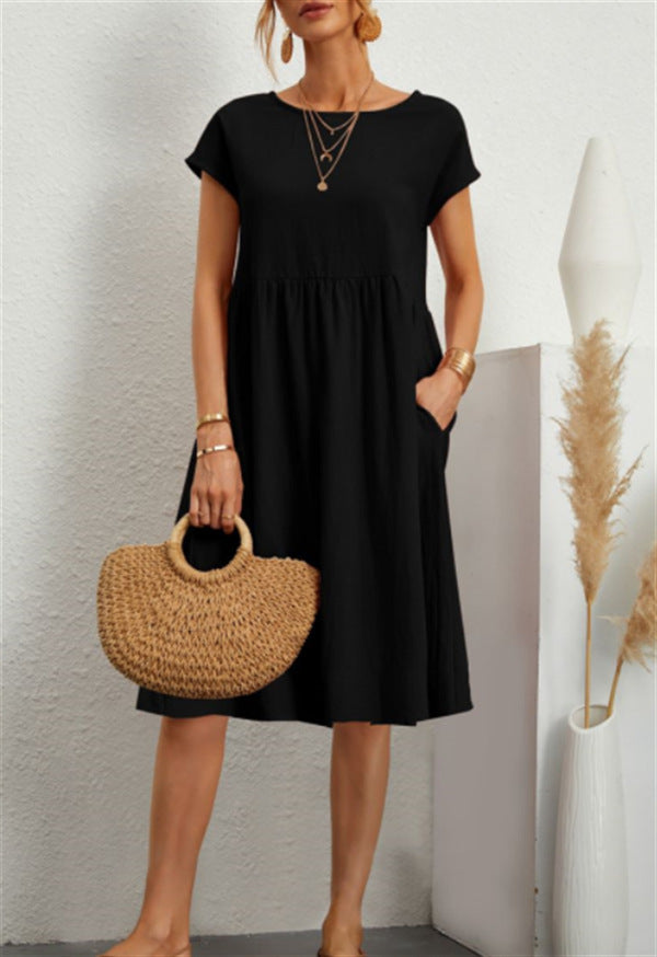 🔥Summer Hot Sale🔥 Elegant Cotton Round neck pocket cotton dress – Effortless Style