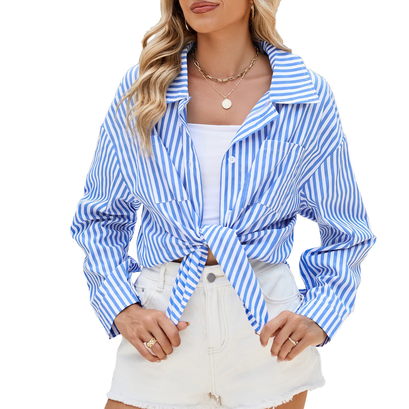 Fashion Striped Long Sleeve Shirt With Pockets