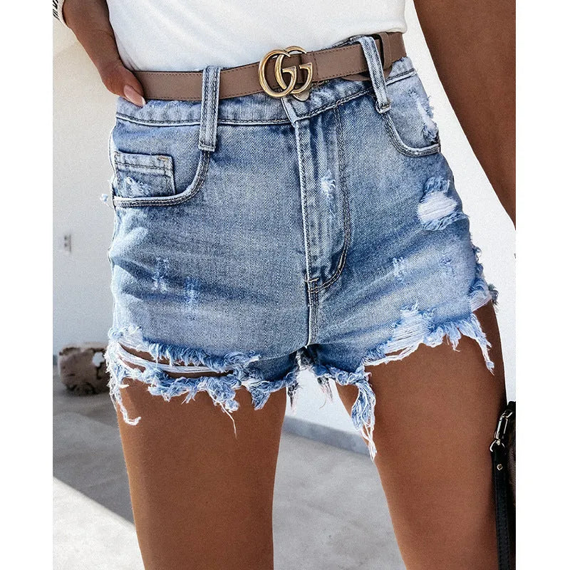 Ladies High Waist Cotton Jeans | Ripped Washed Tassel Sexy Slim Fit Slimming Denim Shorts