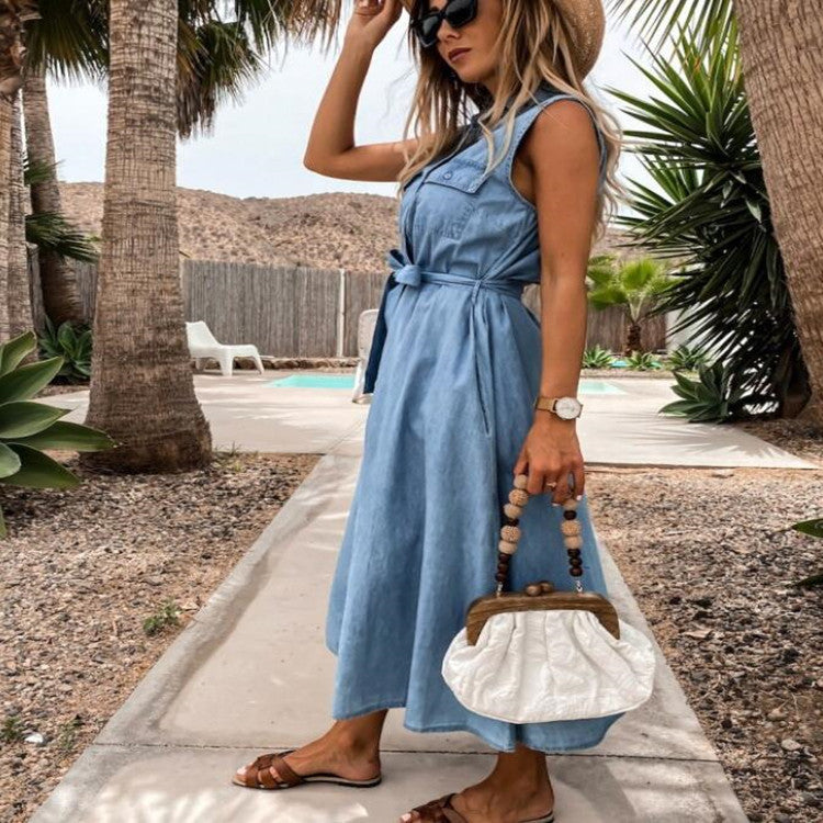 Sleeveless long lace-up single-breasted denim dress | Exclusive cotton dress