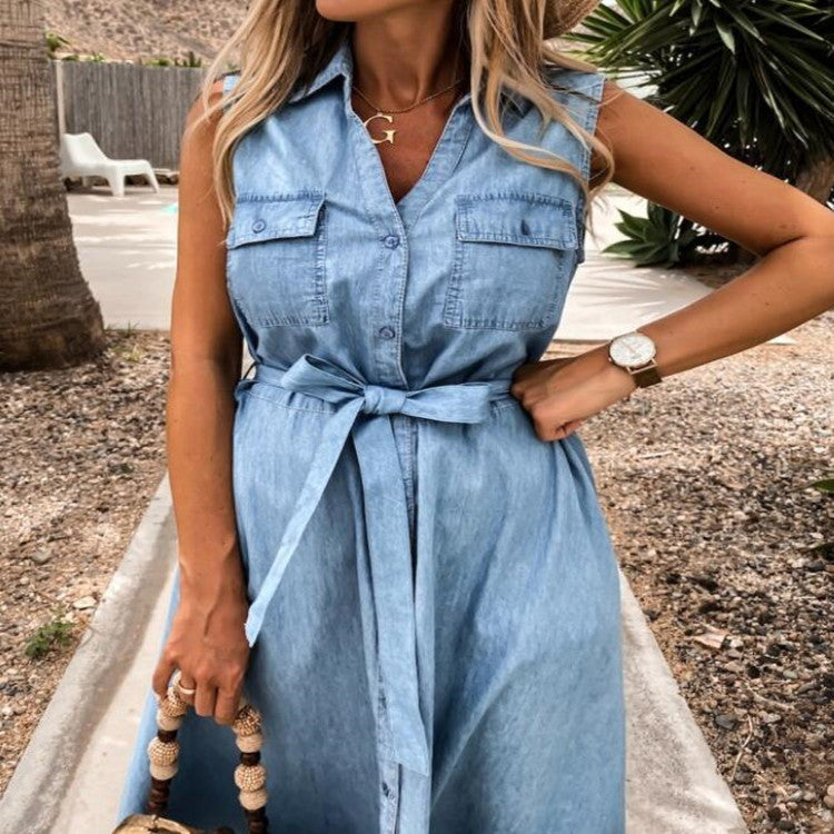 Sleeveless long lace-up single-breasted denim dress | Exclusive cotton dress