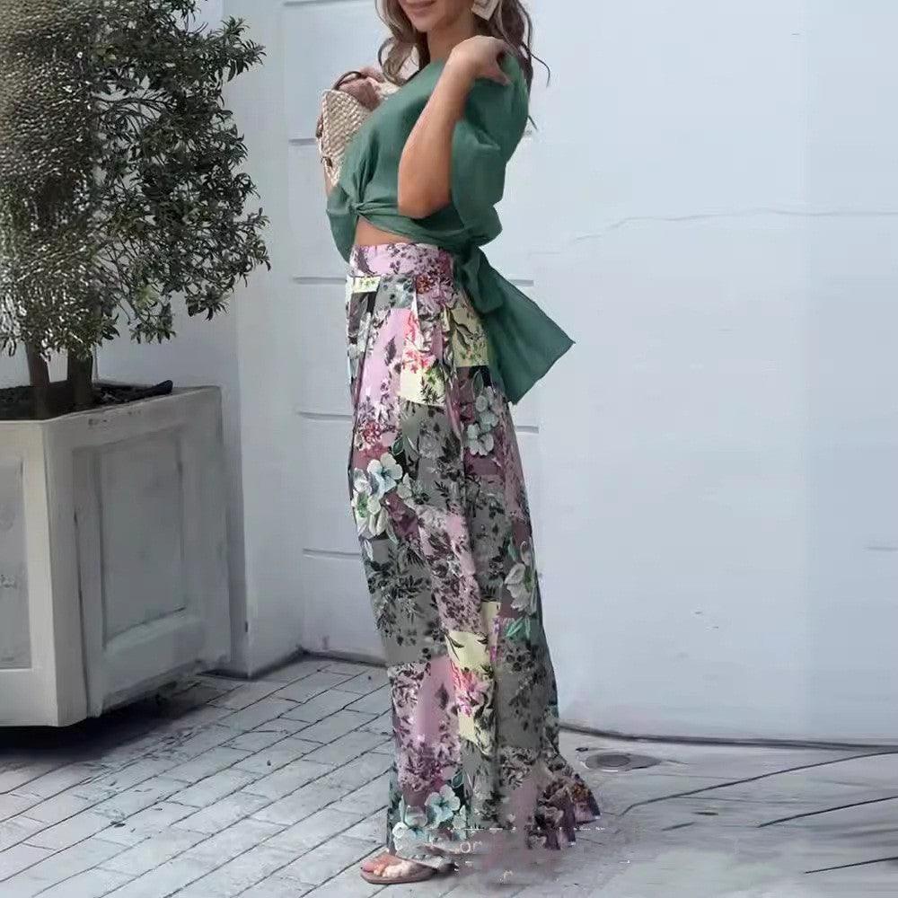 2pcs Floral Wide-leg Trousers | Top and pants - Aspire Shop