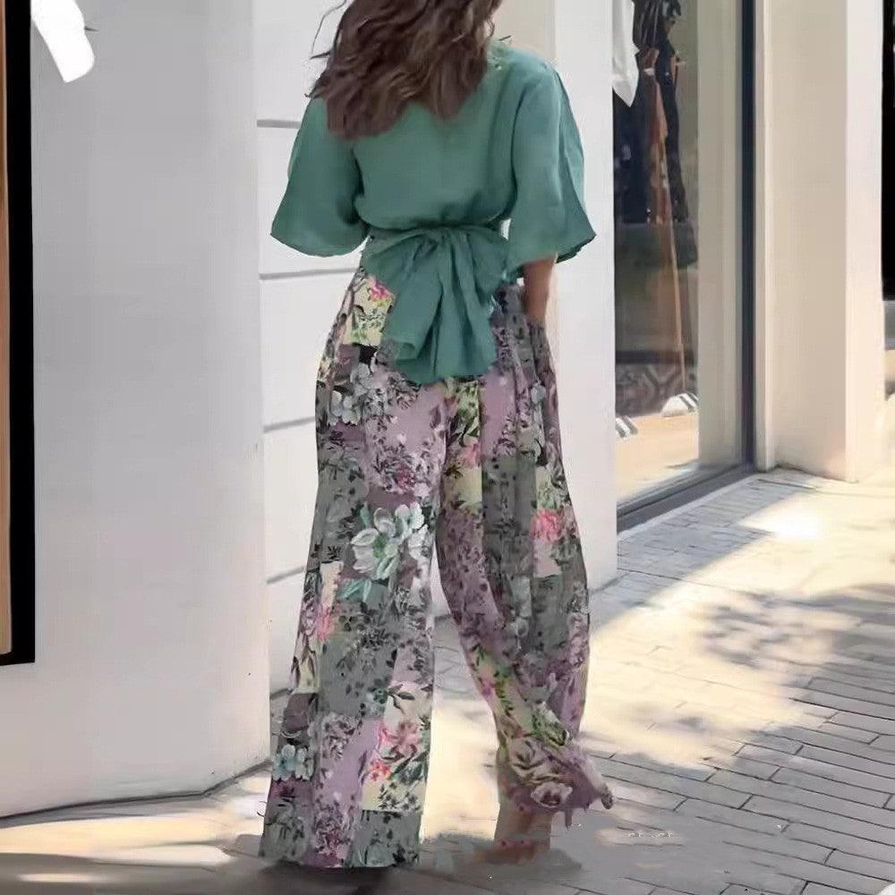 2pcs Floral Wide-leg Trousers | Top and pants - Aspire Shop