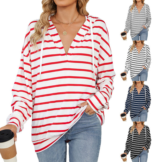 Hoodie With Drawstrings Striped Long Sleeve Sweatshirt Tops