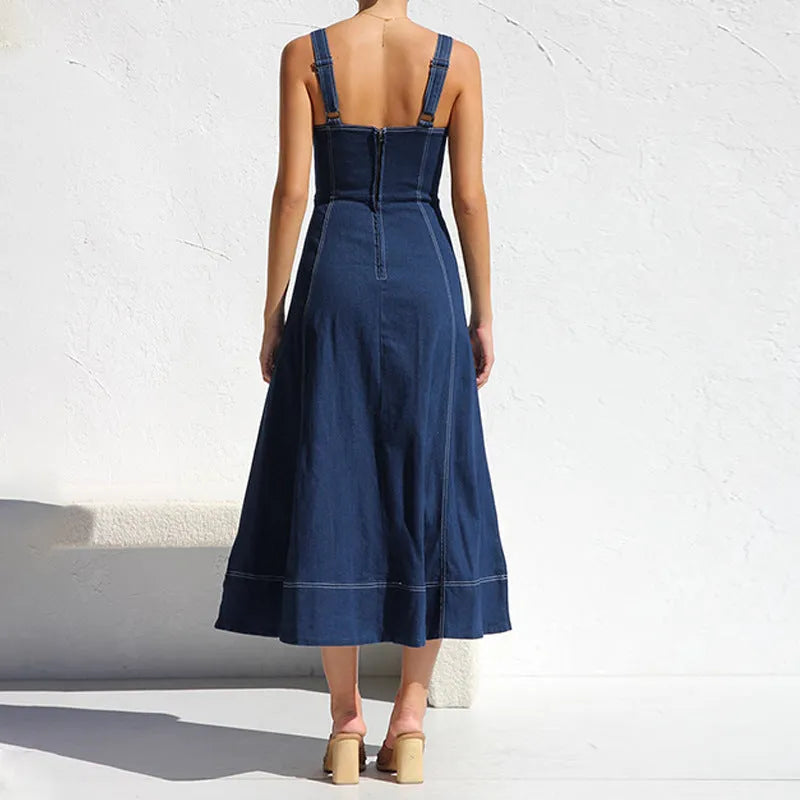 Button Denim Long Dress | Comfortable cotton dress