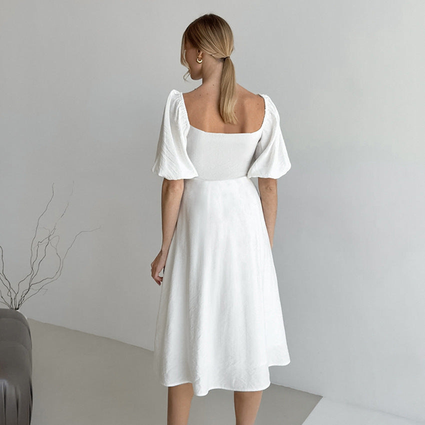 French Elegant Lantern Sleeve Off-neck Cotton Dress | Exclusive cotton dress