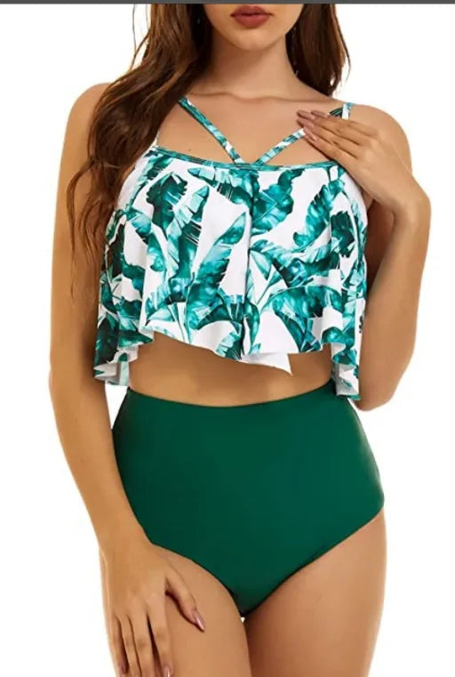 Double Layer Lotus Leaf Tropical Rain Forest High Waist Split Swimsuit