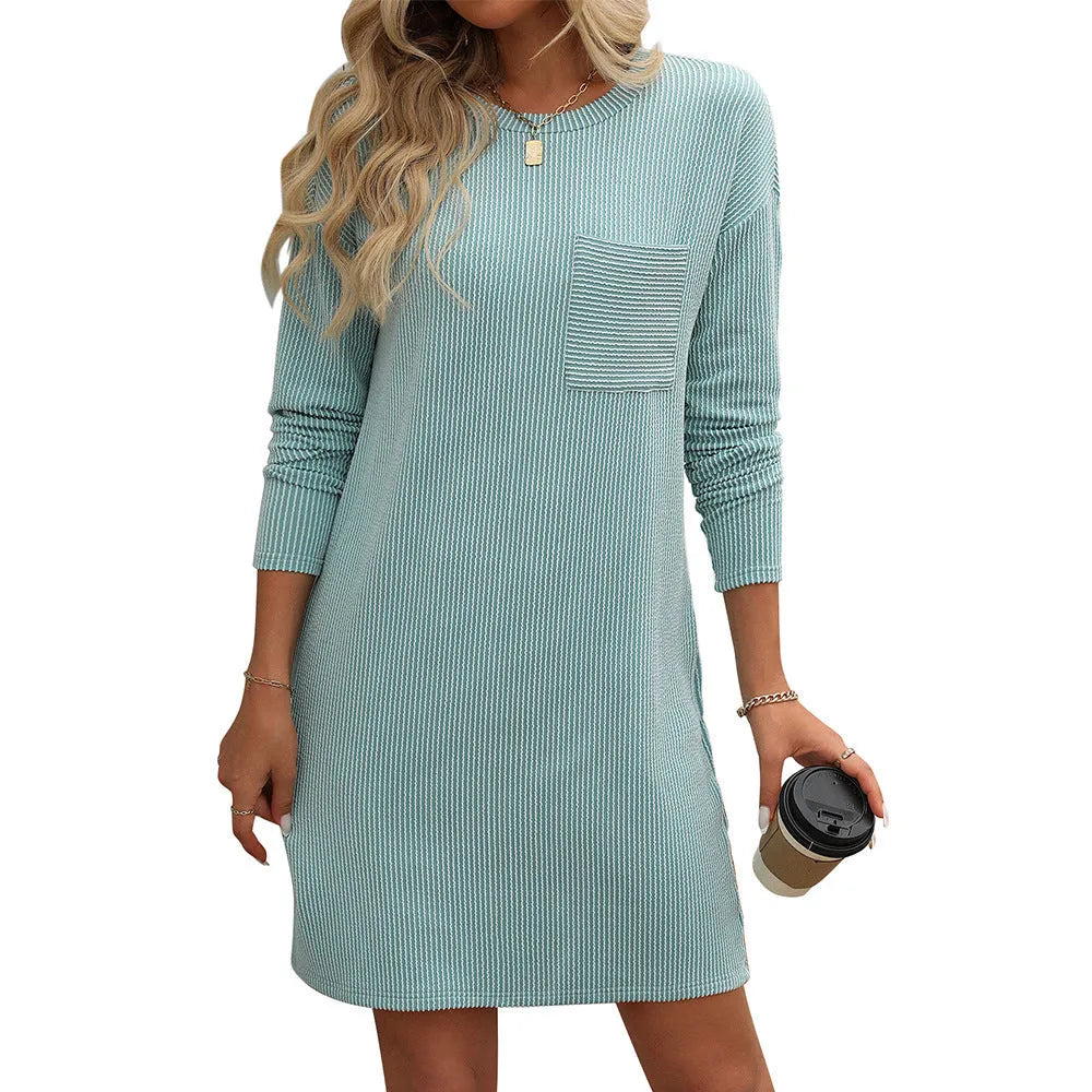 Striped With Pockets Long Sleeve Dress | Mixed cotton dress