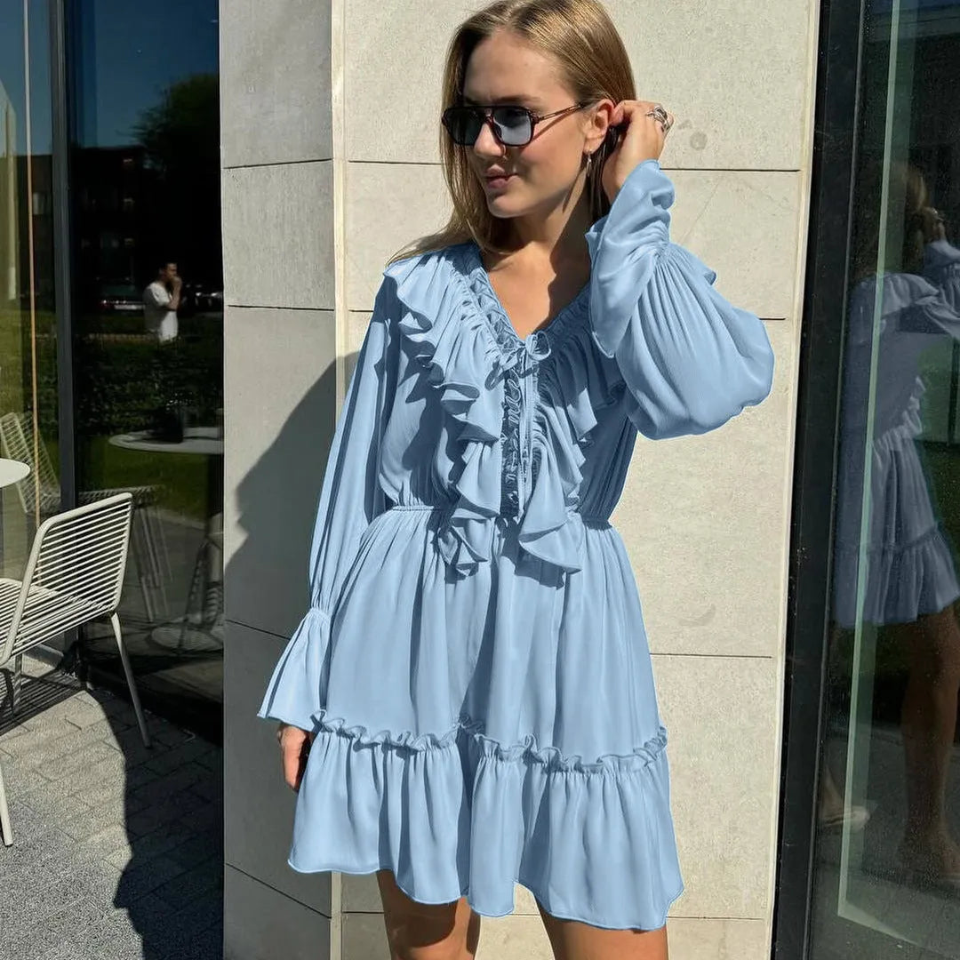 Bellissimo dress | V Neck Pleated Ruffle Long Sleeve Dress