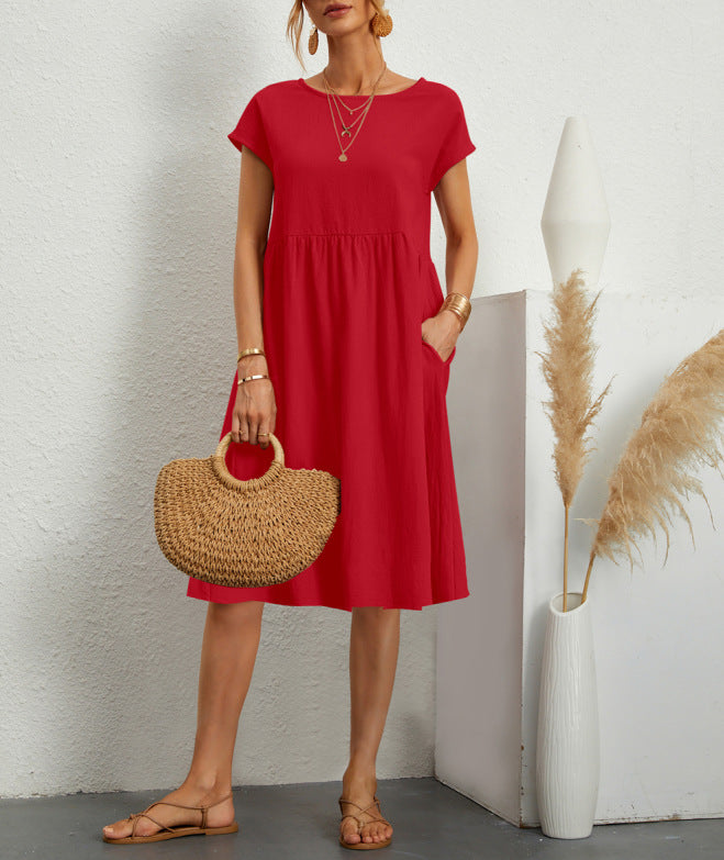 🔥Summer Hot Sale🔥 Elegant Cotton Round neck pocket cotton dress – Effortless Style