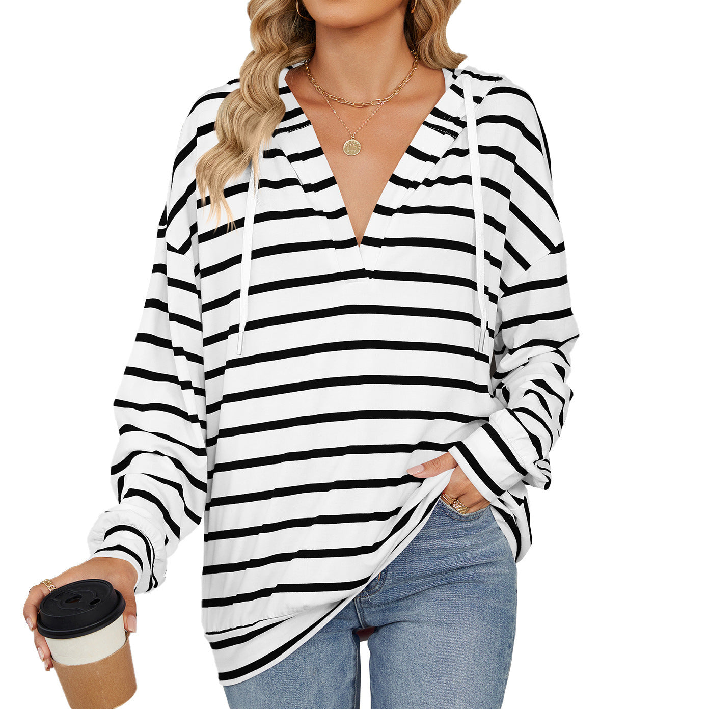 Hoodie With Drawstrings Striped Long Sleeve Sweatshirt Tops