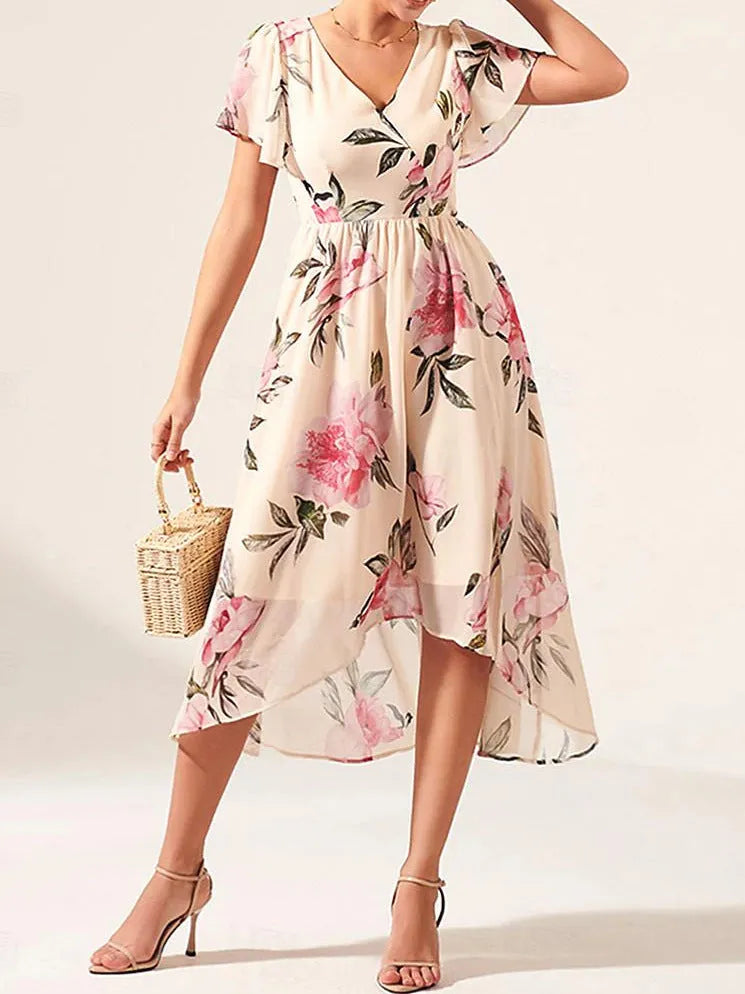 Flower V-neck Mid-length Slim-fit Dress