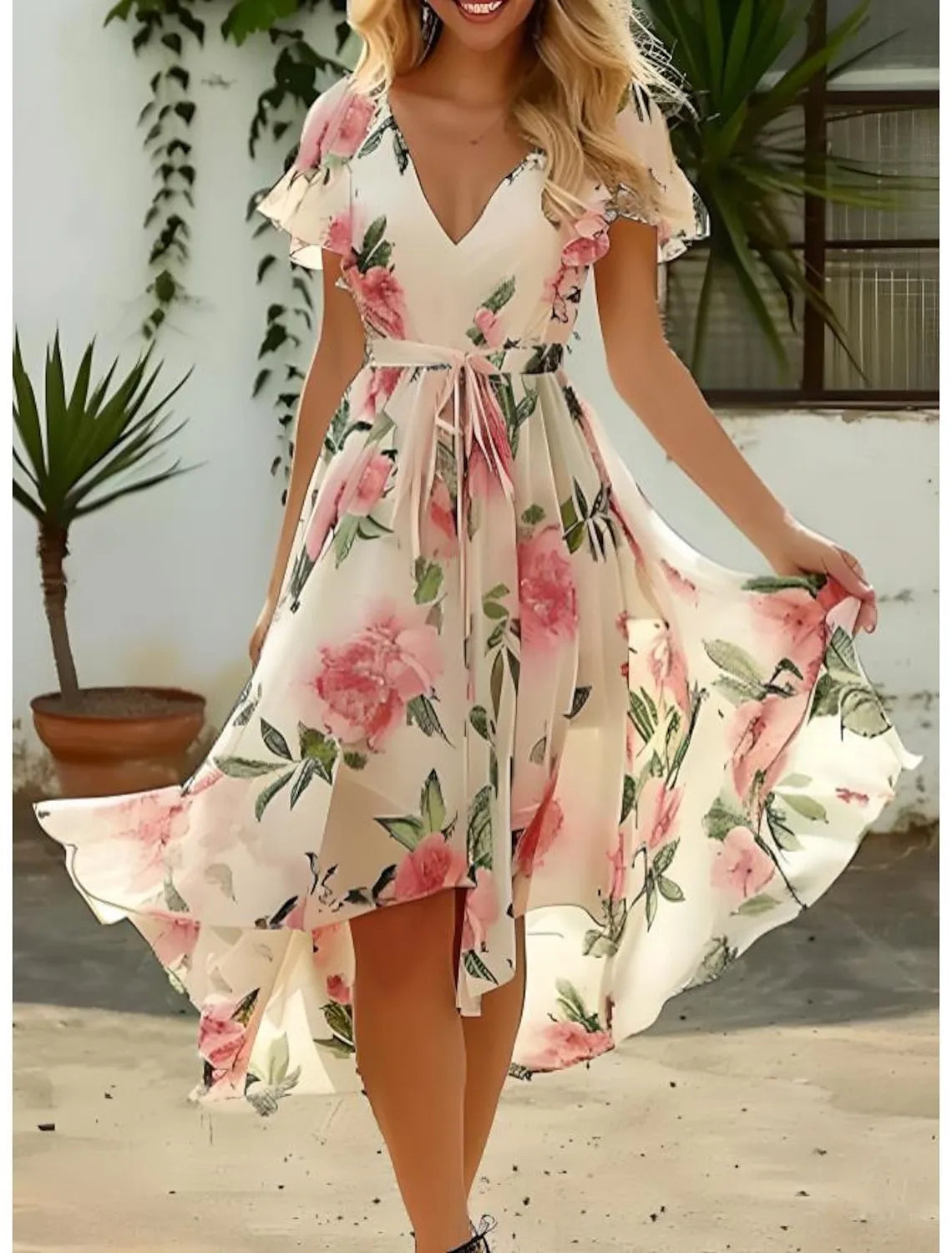 Flower V-neck Mid-length Slim-fit Dress