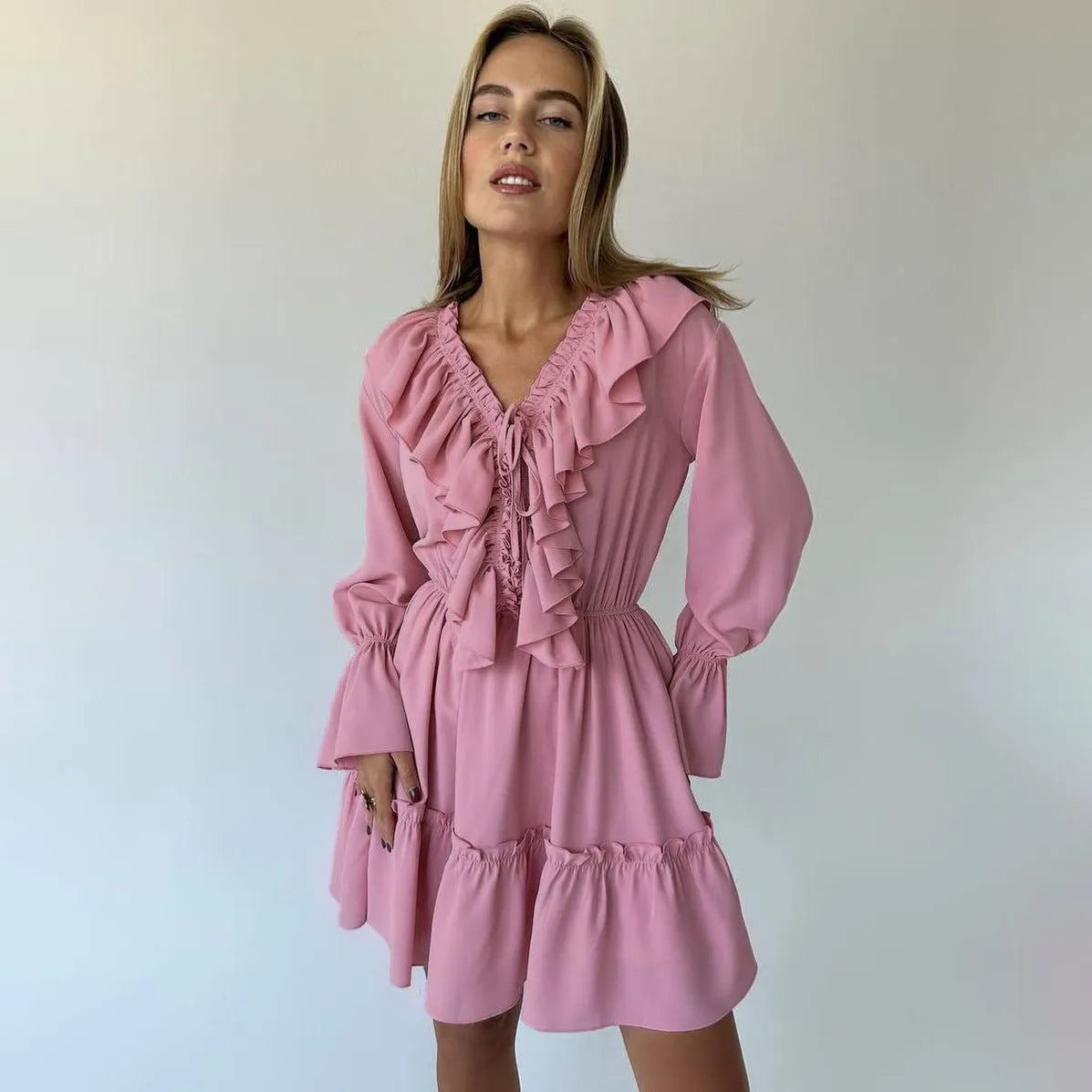 Bellissimo dress | V Neck Pleated Ruffle Long Sleeve Dress