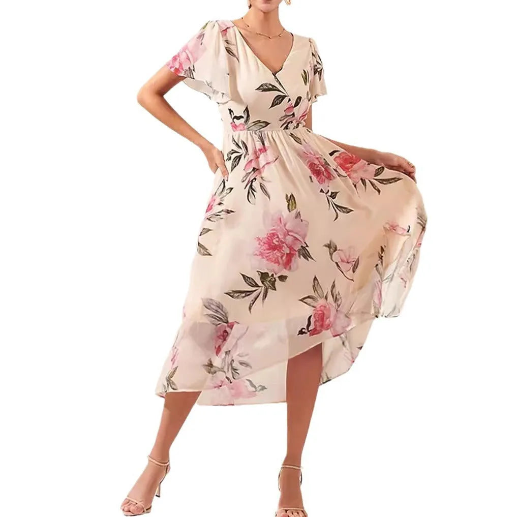 Flower V-neck Mid-length Slim-fit Dress