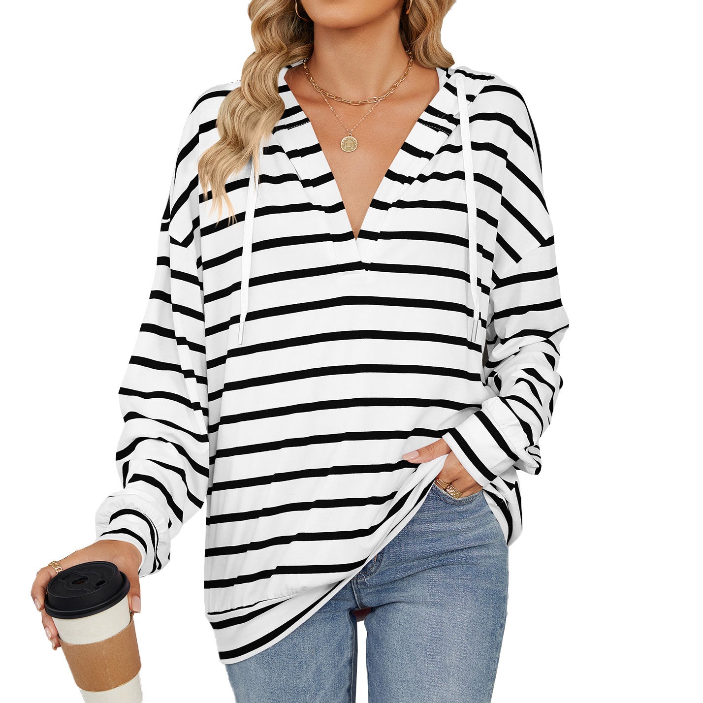 Hoodie With Drawstrings Striped Long Sleeve Sweatshirt Tops