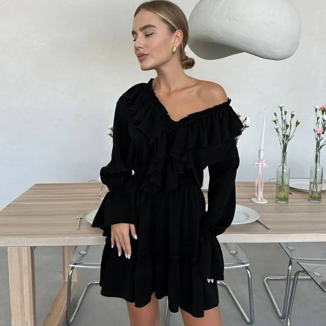 Bellissimo dress | V Neck Pleated Ruffle Long Sleeve Dress