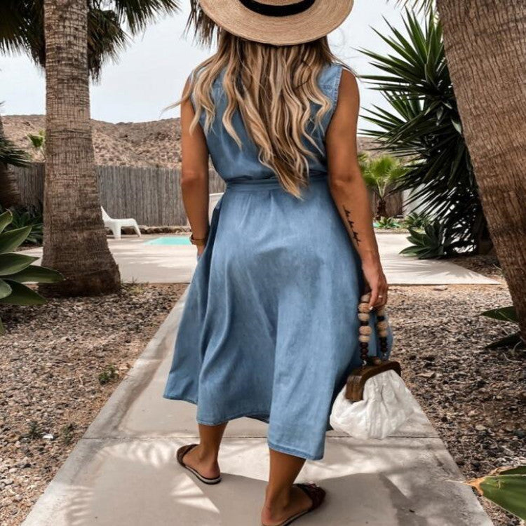 Sleeveless long lace-up single-breasted denim dress | Exclusive cotton dress