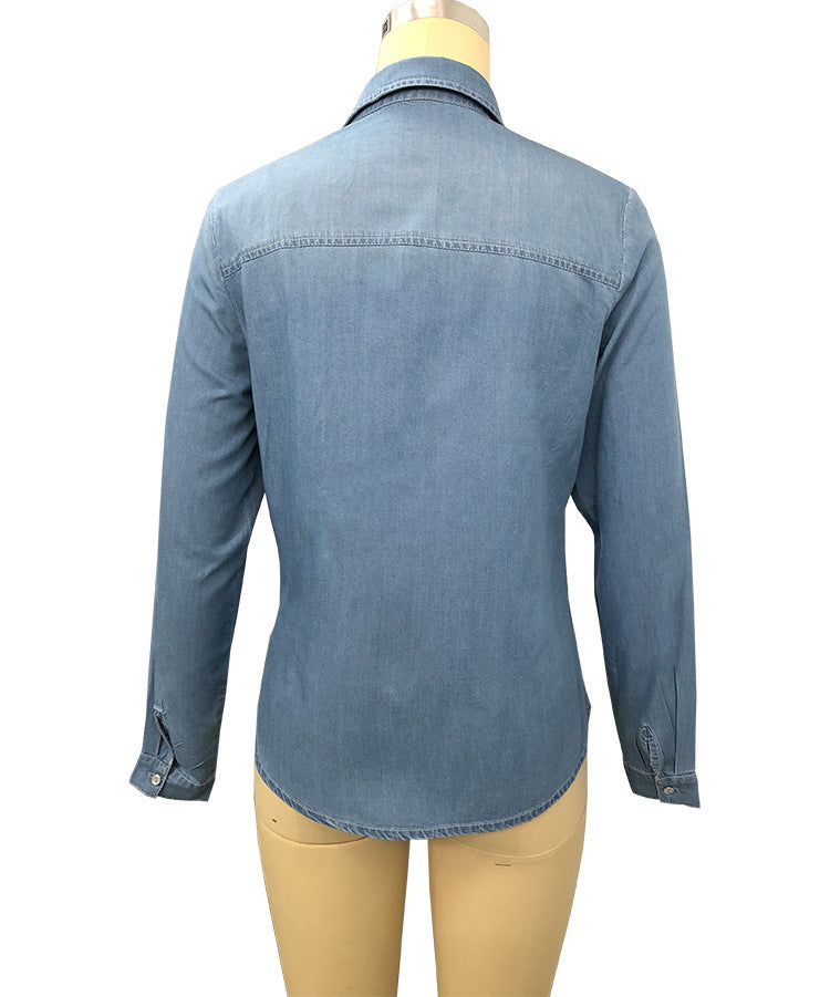 Lapel Denim Shirt Washed Retro Slim Top | Cotton