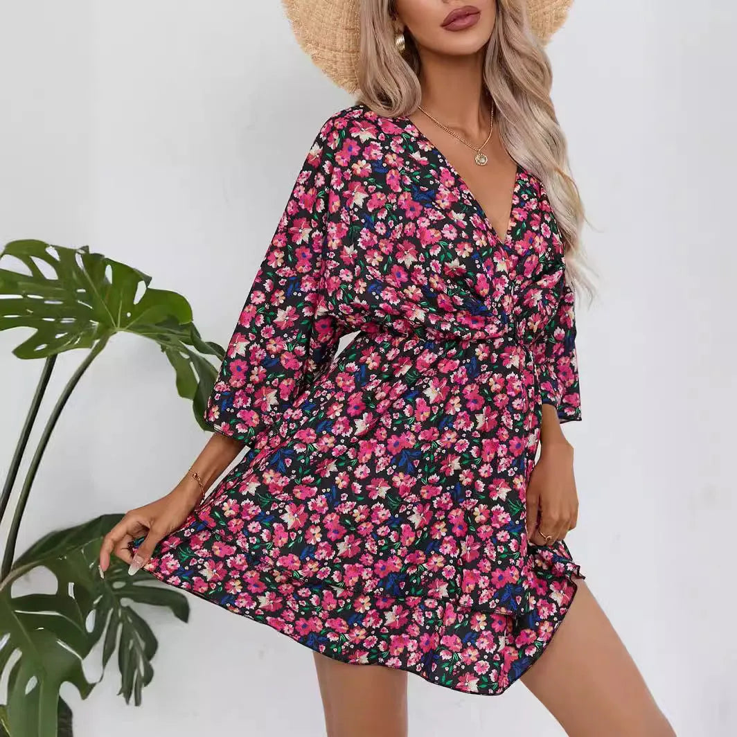 Printed V-neck Women's Clothing Dress