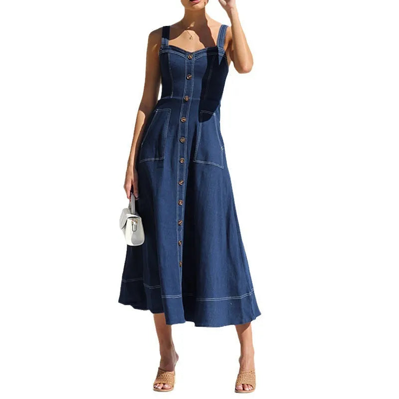 Button Denim Long Dress | Comfortable cotton dress