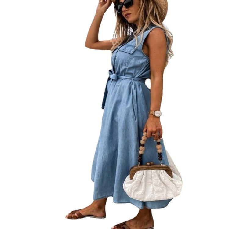 Sleeveless long lace-up single-breasted denim dress | Exclusive cotton dress