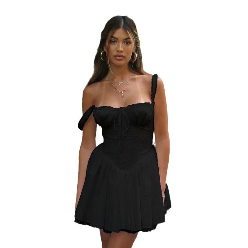 Lovely dress | Lace Stitching Double-layer Off-neck Wrapped Chest Strap Drawstring Slim-fit A- Line French Style Pure Desire Sling Dress