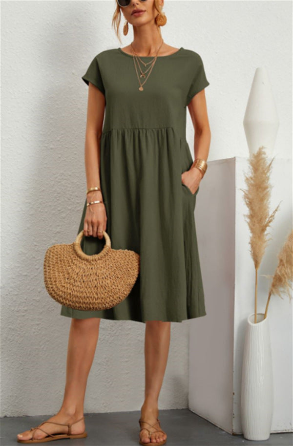 🔥Summer Hot Sale🔥 Elegant Cotton Round neck pocket cotton dress – Effortless Style