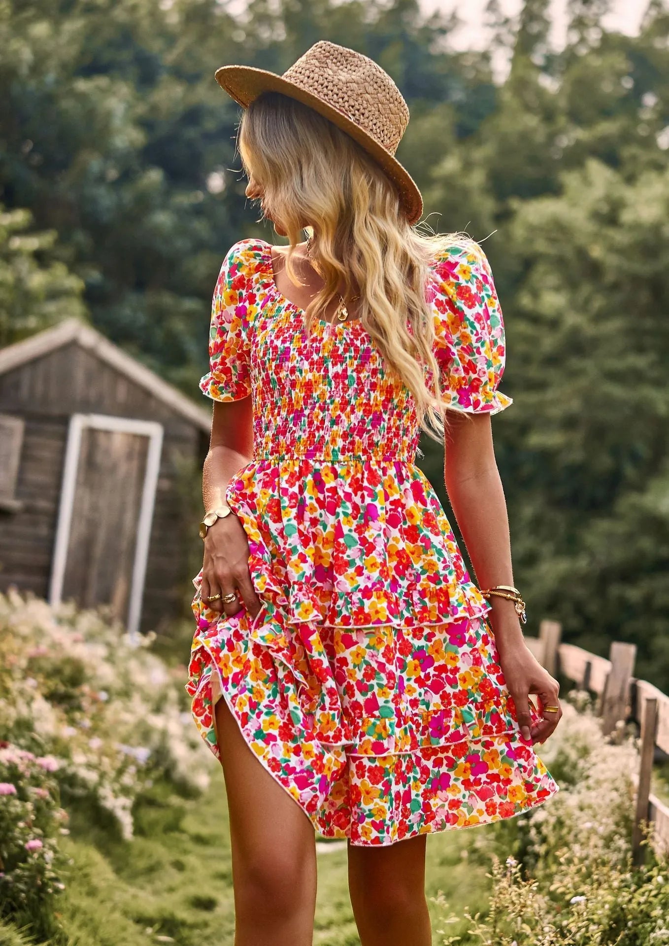 Floral Ruffle Summer Dress Short Sleeve