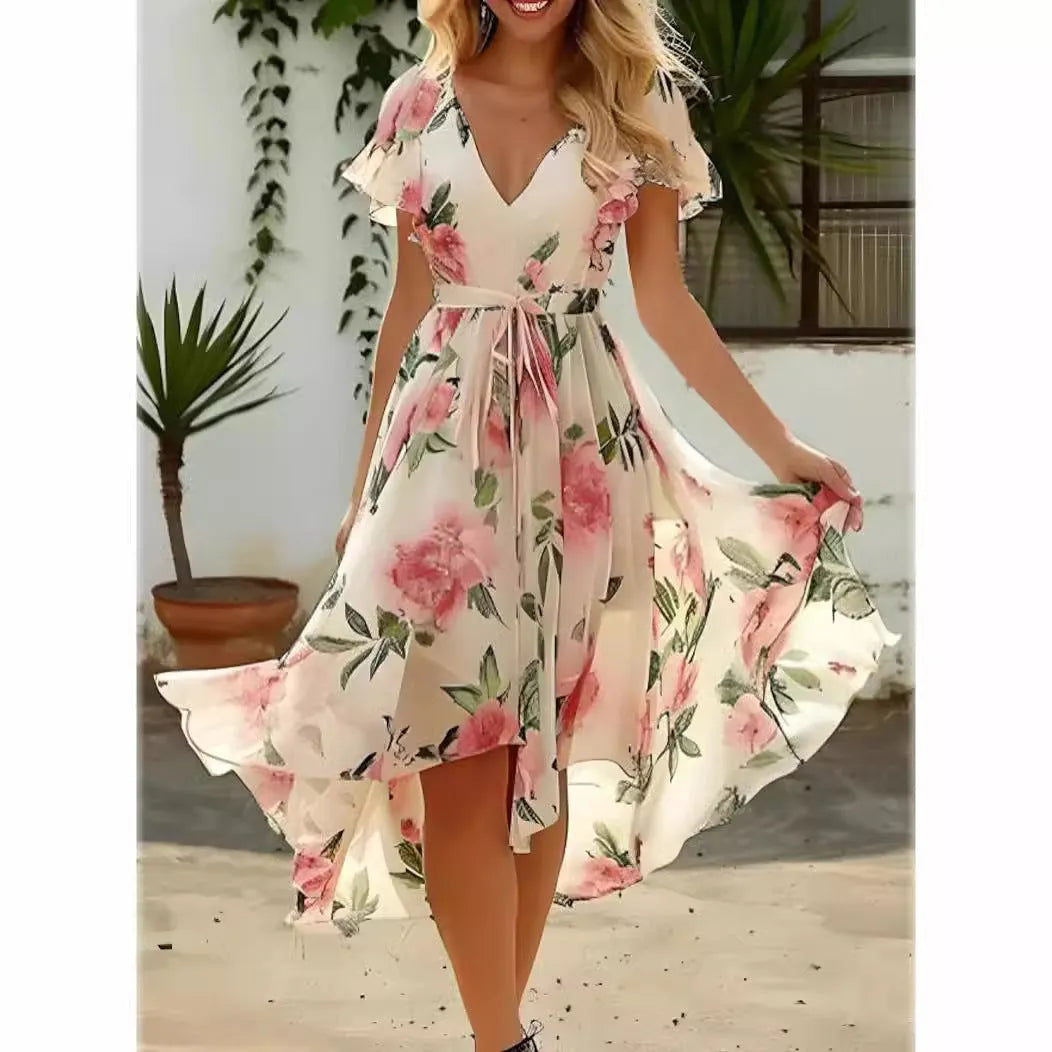 Flower V-neck Mid-length Slim-fit Dress