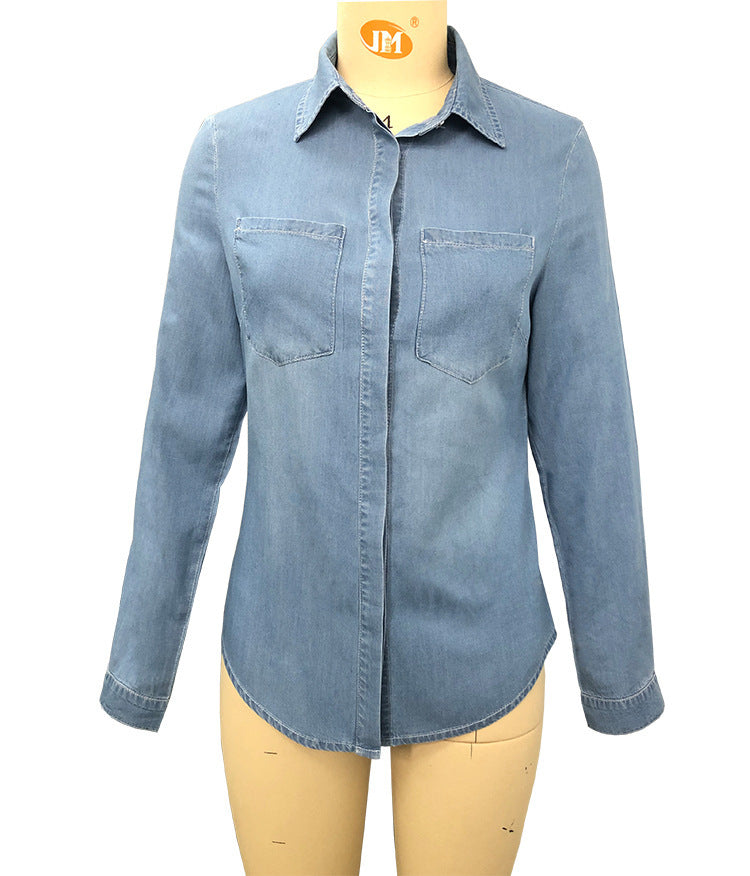 Lapel Denim Shirt Washed Retro Slim Top | Cotton