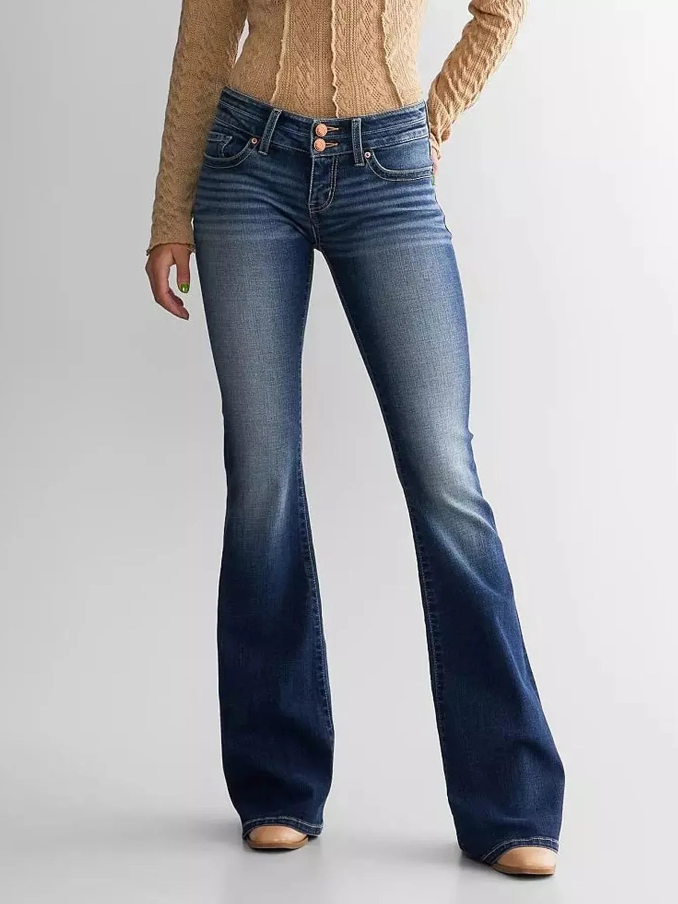 Denim Cotton Ladies Mid Waist Slim Fit Stretch Retro Flared Jeans