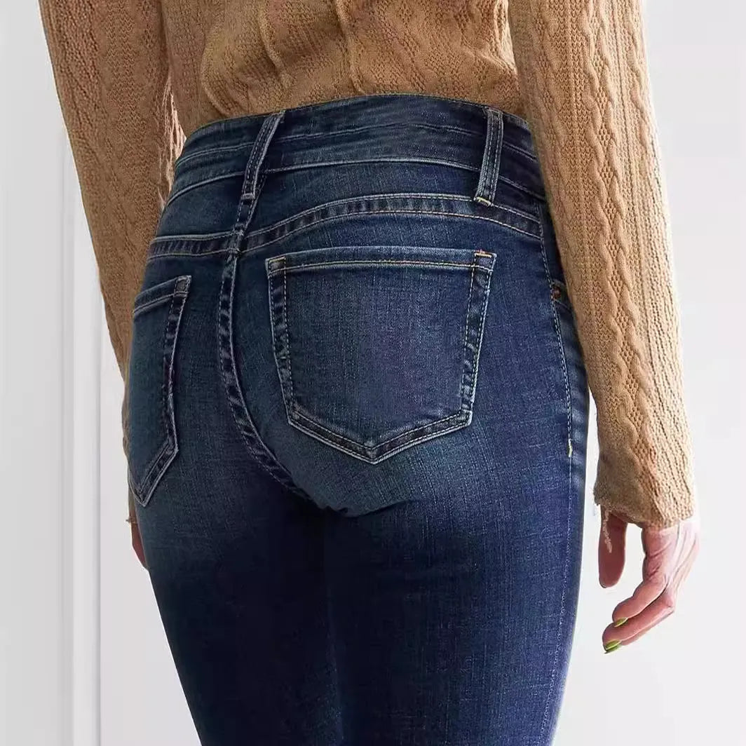 Denim Cotton Ladies Mid Waist Slim Fit Stretch Retro Flared Jeans