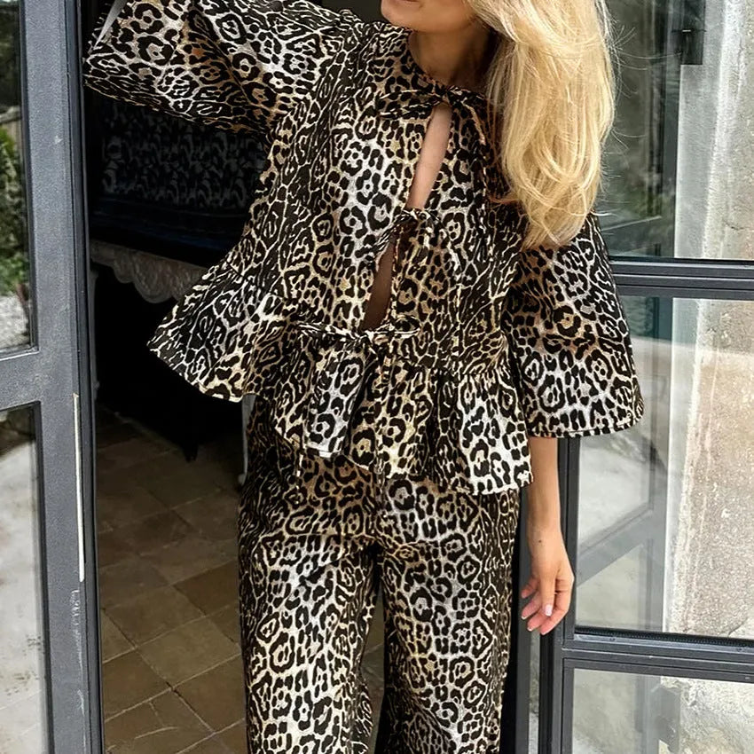 Leopard Cardigan + Trousers | Two-piece Set