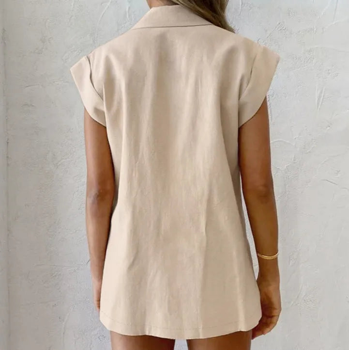 British Suit Collar Cotton And Linen  | Top And Shorts | Two-piece Set