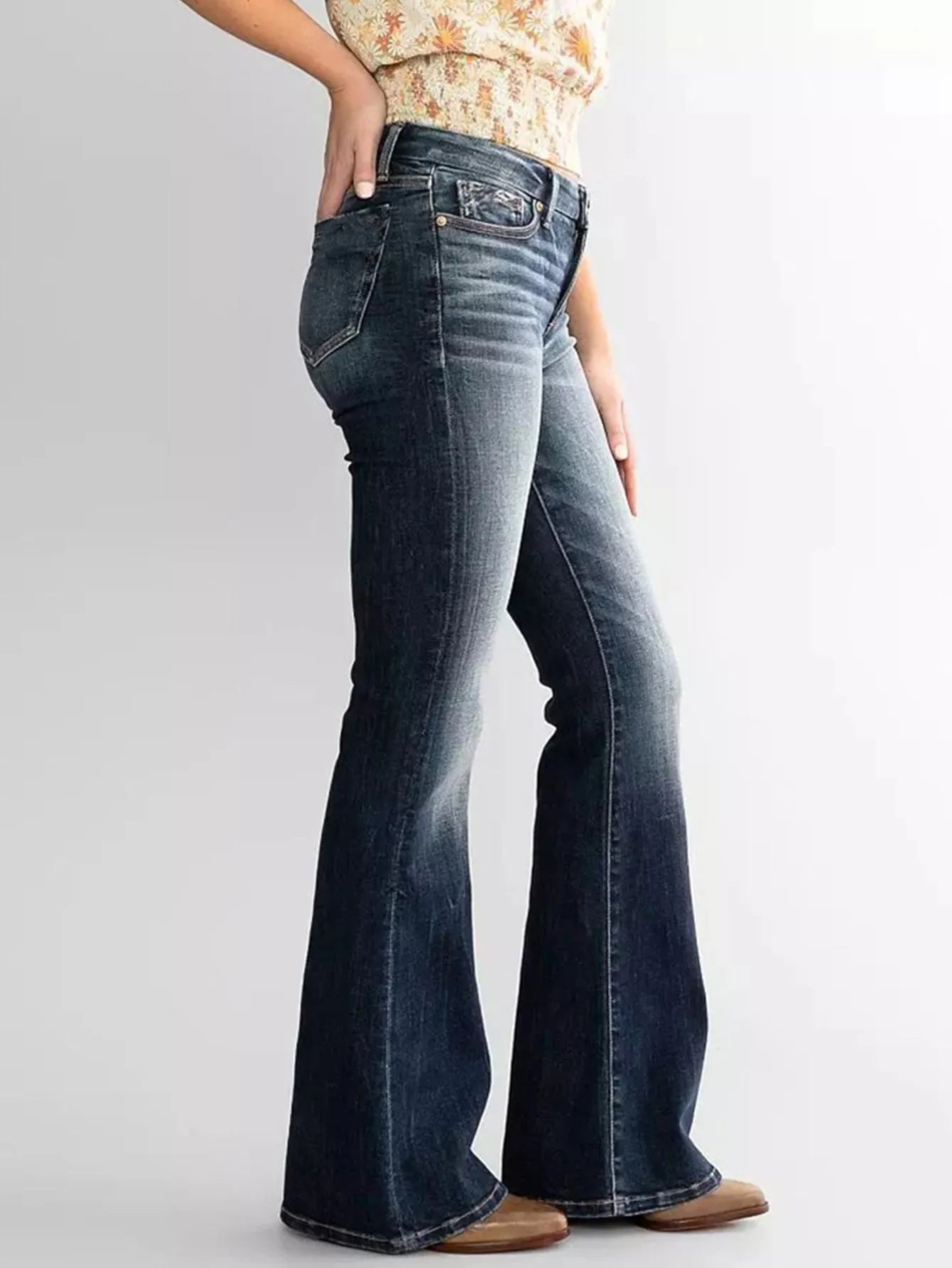 Denim Cotton Ladies Mid Waist Slim Fit Stretch Retro Flared Jeans