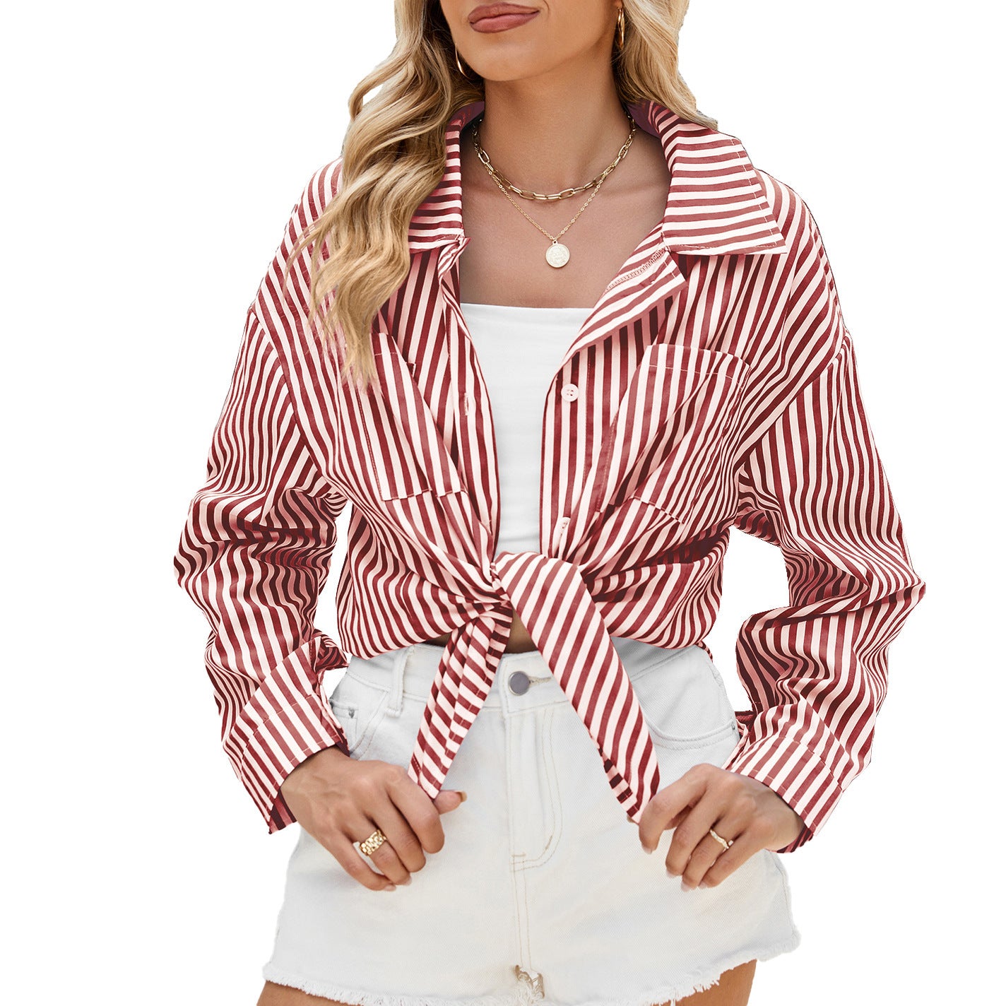 Fashion Striped Long Sleeve Shirt With Pockets