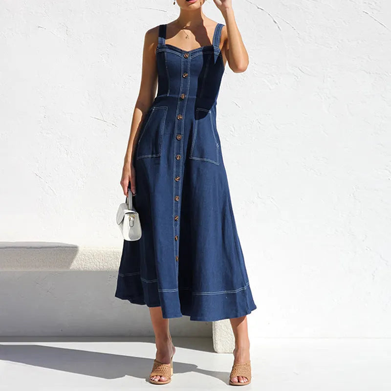 Button Denim Long Dress | Comfortable cotton dress