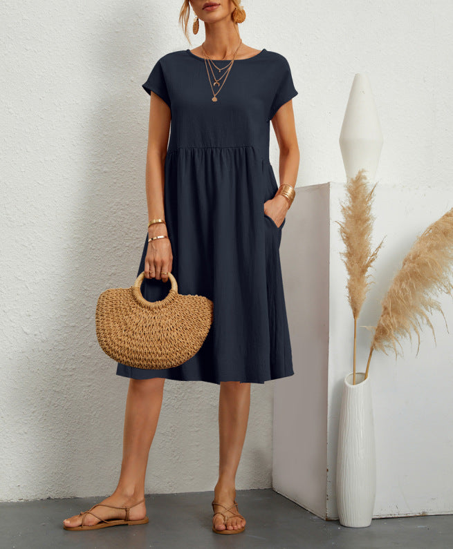 🔥Summer Hot Sale🔥 Elegant Cotton Round neck pocket cotton dress – Effortless Style