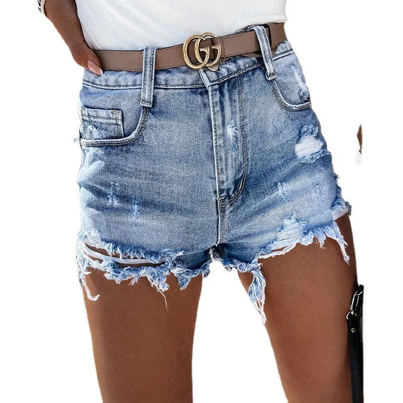 Ladies High Waist Cotton Jeans | Ripped Washed Tassel Sexy Slim Fit Slimming Denim Shorts