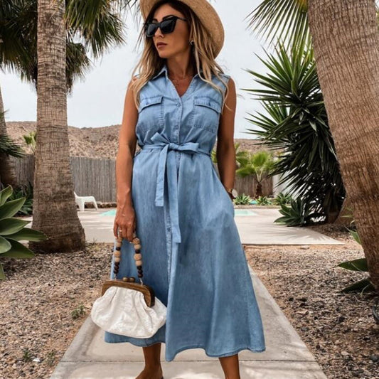 Sleeveless long lace-up single-breasted denim dress | Exclusive cotton dress