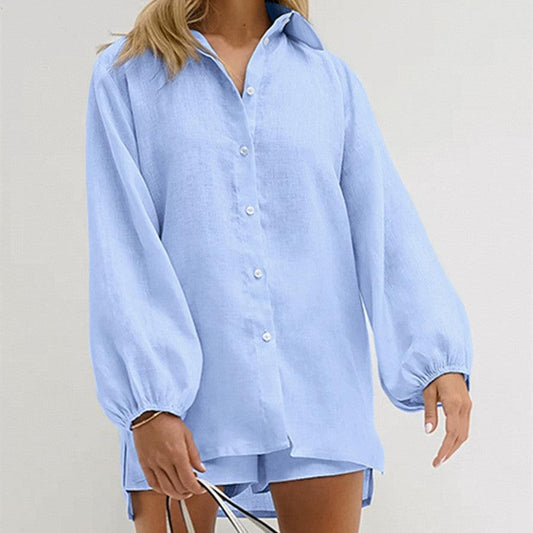 Blue Cotton Long-sleeved Shirt And Shorts | Two-piece Set - Aspire Shop