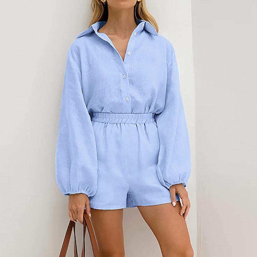 Blue Cotton Long-sleeved Shirt And Shorts | Two-piece Set - Aspire Shop