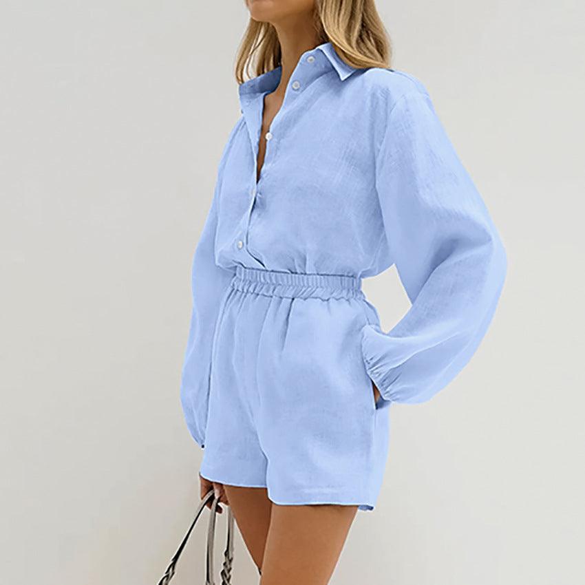 Blue Cotton Long-sleeved Shirt And Shorts | Two-piece Set - Aspire Shop