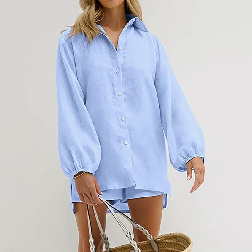 Blue Cotton Long-sleeved Shirt And Shorts | Two-piece Set - Aspire Shop