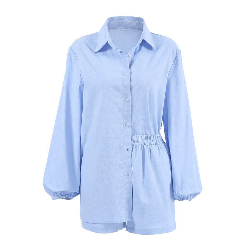 Blue Cotton Long-sleeved Shirt And Shorts | Two-piece Set - Aspire Shop