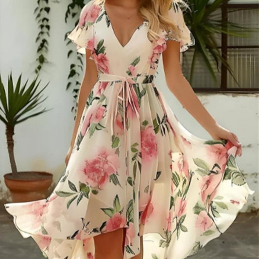 Flower V-neck Mid-length Slim-fit Dress